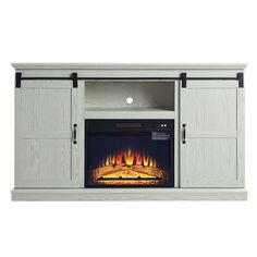 an entertainment center with a fire place and doors on the front, in white wood