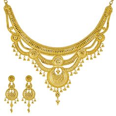 Make a bold statement of sophistication with this beautiful 22k yellow gold necklace and earrings set by Virani Jewelers. Designed to perfection, this gold bridal necklace and Chandbali earring set is a true symbol of sophistication and refinement. Adorn yourself with the timeless elegance of Indian gold jewelry and showcase your impeccable sense of style.Features• 22k yellow gold• Beading• FiligreeNecklace Specifications:• Minimum Width - 2 millimeters• Maximum Width - 36.25 millimeters• Length Heavy 22k Yellow Gold Jewelry Sets, Heavy Bollywood Jewelry Sets In Yellow Gold, Heavy Yellow Gold Jewelry Sets For Diwali, 22k Yellow Gold Bollywood Bridal Necklace, Festive Bollywood Jewelry Sets In Yellow Gold, Yellow Gold Bollywood Bridal Necklace, Heavy Bollywood Yellow Gold Jewelry Sets, Festive Bollywood Yellow Gold Jewelry Sets, Bollywood 22k Yellow Gold Bridal Necklace