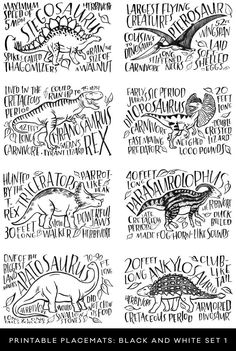 four black and white hand drawn typograms with different types of animals on them