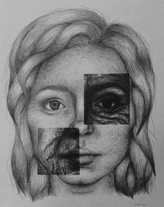 a drawing of a woman's face with two squares in it