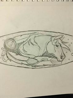 a drawing of a horse laying on its back in a bowl with water around it