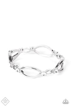 Airy marquise-shaped frames are dotted with brilliant white rhinestones as they connect end to end across the wrist. The high sheen silver and sparkling gems offer a modern take on a classic style. Features a hinged closure. Sold as one individual bracelet. Gray Ring, White Bracelet, Brown Bracelet, White Bracelets, Brass Bracelet, Hinged Bracelet, Paparazzi Accessories, White Necklace, White Rhinestone