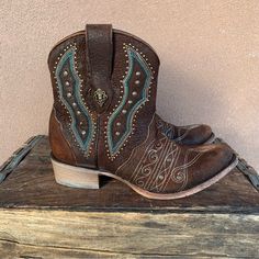 Corral Western Ankle Boot. Brown/Turquoise Rough Distressed Leather With Western Stitching. Style#C3371. Nwt. No Box. Women’s Size 9 1/2 M. Blue Patina Boots With Round Toe, Blue Patina Round Toe Boots, Blue Round Toe Boots With Patina, Turquoise Leather Boots For Western-themed Events, Blue Bohemian Boots With Round Toe, Bohemian Blue Boots With Round Toe, Blue Bohemian Round Toe Boots, Turquoise Patina Boots With Round Toe, Corral Cowgirl Boots