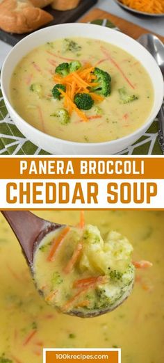 broccoli cheddar soup in a white bowl with a spoon