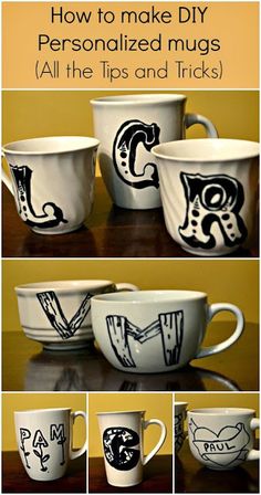 three coffee mugs with the words how to make diy personalized mugs all the tips and tricks