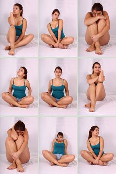 a woman sitting on the floor in various poses