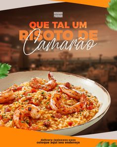 an advertisement for a restaurant with shrimp and rice in a white bowl on the table