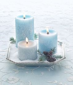 two blue candles sitting on top of a tray with pine cones and evergreen branches in it