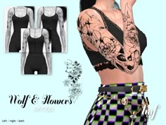 an image of a woman with tattoos on her arms and chest wearing a black crop top