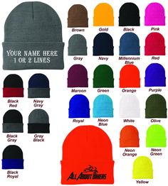 various colors of beanies with your name here or 2 lines written on the front