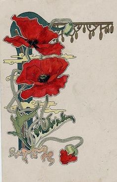 a drawing of two red flowers on a white paper with an ornate border around it