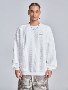 Men's Round Neck Adhesive Solid Color Long Sleeve Pullover Sweatshirt White Casual  Long Sleeve Knitted Fabric Colorblock,Letter Pullovers Slight Stretch  Men Clothing, size features are:Bust: ,Length: ,Sleeve Length: Casual Knitted Long Sleeve Sweatshirt, Casual Knitted Sweatshirt For Streetwear, Casual Knitted Tops For Streetwear, White Cotton Textured Knit Sweatshirt, Knitted Crew Neck Sweatshirt For Streetwear, White Crew Neck Knit Sweater, Long Sleeve Knitted Sweater For Streetwear, Knit Long Sleeve Sweatshirt For Streetwear, Oversized Knitted Crew Neck Sweatshirt