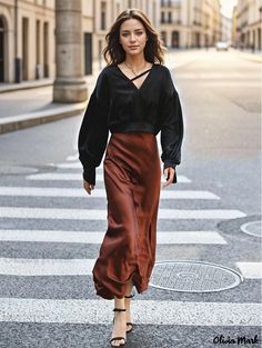 Olivia Mark - Elegant and Sophisticated Solid Color Pencil Skirt in New Three Coco Brown, with a Luxurious Silky Satin Finish Satin Pencil Skirt, Asymmetrical Midi Skirt, Blue Midi Skirt, Long Pencil Skirt, Brown Shade, Brown Satin, Cocoa Brown, Dance Skirt, Brown Silk