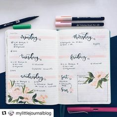 an open planner with the words monday and friday written in cursive writing