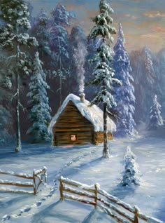 a painting of a cabin in the snow