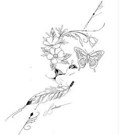 a black and white drawing of a dog with flowers on it's head, surrounded by butterflies