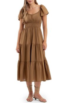 Flutter midi length dress. Polyester. Short Jean Skirt, Brown Fits, Daytime Dresses, Tiered Midi Dress, Sweaters And Leggings, Midi Length Dress, Comfortable Dress, Tiered Skirt, New Arrival Dress