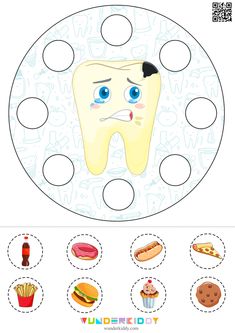 a cartoon tooth with many different foods around it