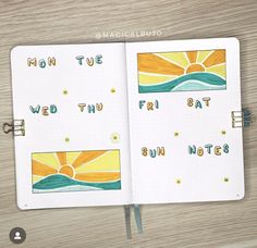 an open notebook with the words monday and sun notes on it