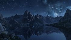 the night sky is filled with stars and clouds above mountains, reflecting in still water