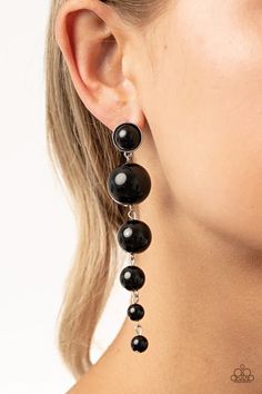 Attached to a matching black beaded silver fitting, a bubbly collection of polished black beads graduate in size as they trickle from the ear, linking into a dramatically elegant lure. Earring attaches to a standard post fitting.   Sold as one pair of post earrings. Black Earrings Elegant, Paparazzi Jewelry Images, Paparazzi Accessories Jewelry, Wealthy Lifestyle, Luxury Earrings, Paparazzi Accessories, White Rhinestone, Chic Jewelry, Black Earrings