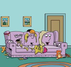 a couch with many cartoon characters on it