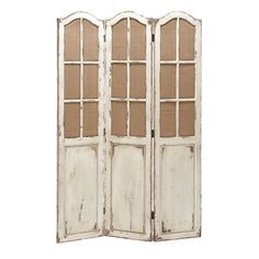 an old white wooden room divider with glass doors on the front and back sides