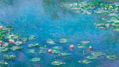 a painting of water lilies and other flowers on a blue surface with green leaves