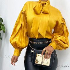 Lasaky - Stylish Retro Vintage Solid Color Long Sleeve Shirt Satin Blouse Shirts, Lantern Sleeved Blouses, Crafty Mama, Retro Tops, Streetwear Tops, Yellow Blouse, Spring Outfits Women, Solid Color Shirt, Loose Outfit