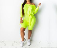 Available in Neon Green, Yellow & Pink Loose Long Sleeve Romper Cold Shoulder Romper with Waist Tie Stylish Bermuda Shorts Romper Made of Nylon & Polyester Crocus One Piece, Brown One Piece, Green One Piece, Romper Outfit