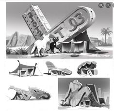 the concept art for an animated movie is shown in black and white, with images of people