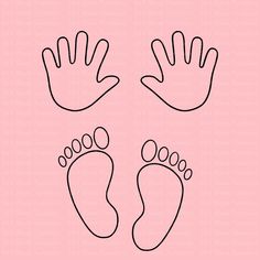 the outlines of two feet and one hand on a pink background with black lines