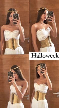 four pictures of a woman wearing a corset and taking a selfie with her cell phone