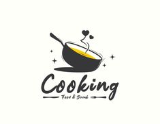 cooking logo design with frying pan and heart on the side, black and white