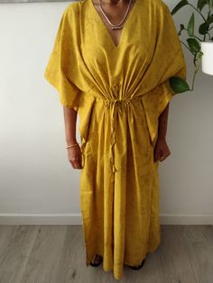 Cotton kaftan Bohemian Maxi Beach Dress For Daywear, Traditional Tunic Dress For Loungewear, Long Kaftan For Home, Spring Bohemian Kaftan For Home, Yellow Maxi Summer Kaftan, Yellow Summer Maxi Kaftan, Yellow Maxi Length Summer Kaftan, Cotton Bohemian Kaftan For Daywear, Traditional Loungewear Dresses With Kimono Sleeves