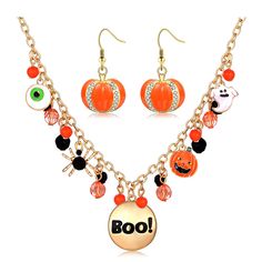 PRICES MAY VARY. Add a festive touch of Halloween fun to your look when you don this charm crystal beaded Boo Pendant necklace and pumpkin drop earring set. Ghoulish style never looked as good as this Halloween-inspired charm necklace and earring set. Set includes one Necklace and a pair pumpkin drop earrings HALLOWEEN THEME: Black spider / Orange pumpkin /Ghost / Boo SET DETAILS Necklace length: 18.38 in. with 2.87 in. Extender Earring length: 1.1 in. Material:Alloy Clasp: lobster-claw Backings Silver Neckalce, Ghost Necklace, Strawberry Jewelry, Boo Pumpkin, Pendant Choker Necklace, Halloween Bracelet, Halloween Necklace, Wave Necklace, Black Choker Necklace