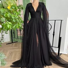 Custom order Split Prom Dresses, Dark Wedding, Floor Length Prom Dresses, Black Dress Formal, Elegant Maxi Dress, Long Sleeve Evening Dresses, Black Chiffon, Black Gown, Prom Dresses With Sleeves