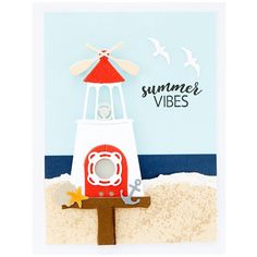 a card with a lifeguard tower and seagulls