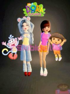 dora the cat and her friends are standing in front of a black background