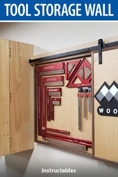 a tool storage wall with tools in it and instructions on how to install the door