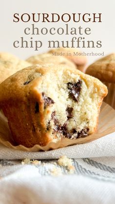 A sourdough chocolate chip muffin with a bite taken out of it. Discard Chocolate Chip Muffins, Sourdough Muffin, Chocolate Chip Muffin Recipe, Sourdough Starter Recipe, Sourdough Discard