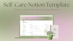 a computer screen with the words self - care notion template on it and a cup next to it