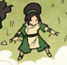 an animated image of a woman dressed in green and white with her hands out to the side