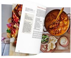 an open cookbook with pictures of food on the cover and in it's pages