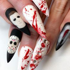 Chucky Nails, Fake Nails Almond, Stylish Manicure, Funky Nail Designs, Horror Nails, Spooky Nails, Retro Nails, Press On Nails Medium, Punk Nails