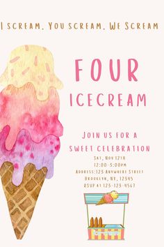 an ice cream poster with the words four icecream written in pink and yellow