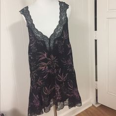 Black Background With Black Lace Hem & Shoulder Straps. Plunging Low V-Neckline. Purple V-neck Tank Top For Party, Lace Hem, Black Laces, Sleeveless Tank Top, Fancy Dresses, Purple Black, Sleeveless Tank, Free People Tops, Purple And Black