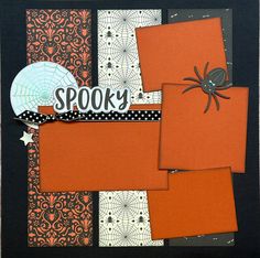 an orange and black scrapbook cover with spider on it's side, surrounded by halloween themed papers