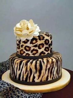 a leopard print cake with a white rose on top