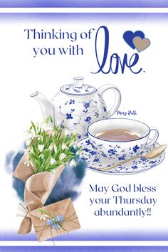 a blue and white greeting card with a teapot, flowers and a bow